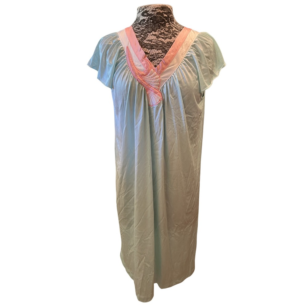 Vintage 1970s Vanity Fair Peignoir Set Blue Pink Applique Nightgown Robe USA M